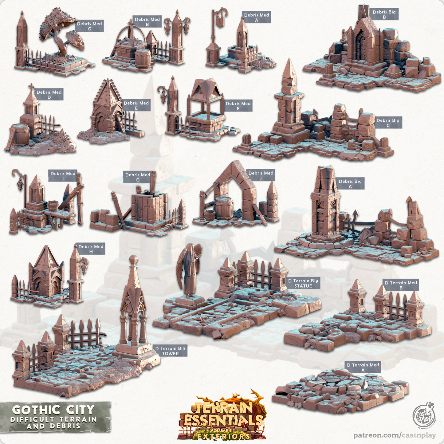 Cast n Play Gothic City — Debris & Difficult Terrain – 3D Printed 28mm 32mm D&D