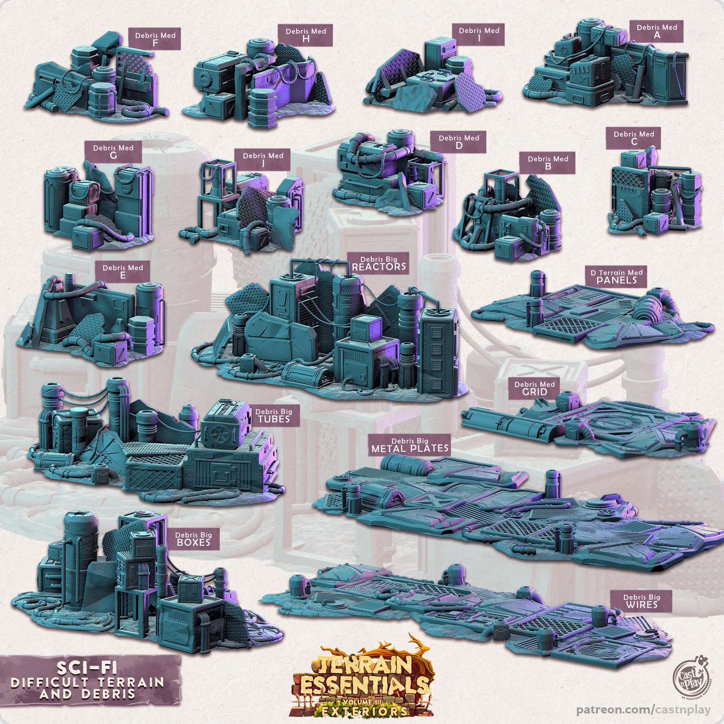 Cast n Play Sci-Fi City Difficult Terrain & Debris — Terrain Essentials Vol III – 3D Printed 28mm 32mm D&D