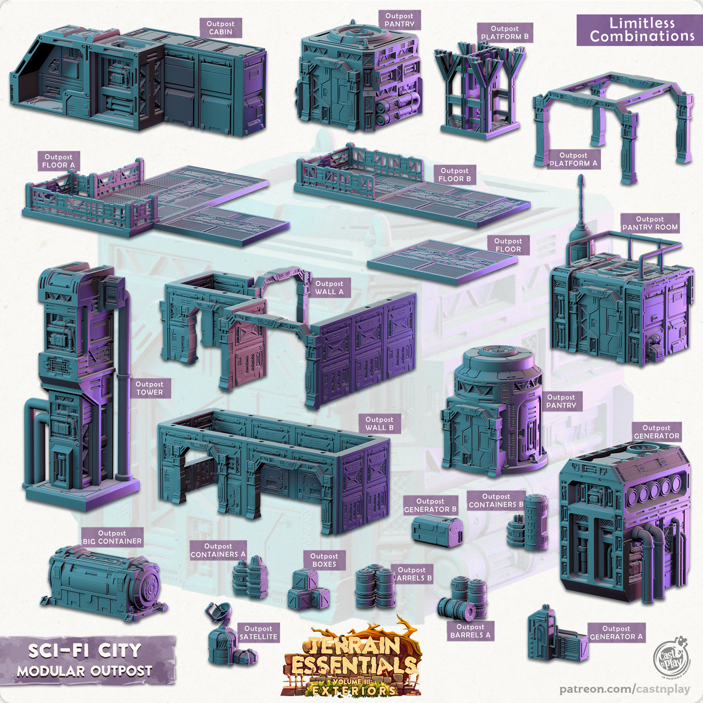 3D Printed Cast n Play Modular Outposts Sci-Fi City Set Terrain Essentials Vol III Exteriors 28mm 32mm D&D