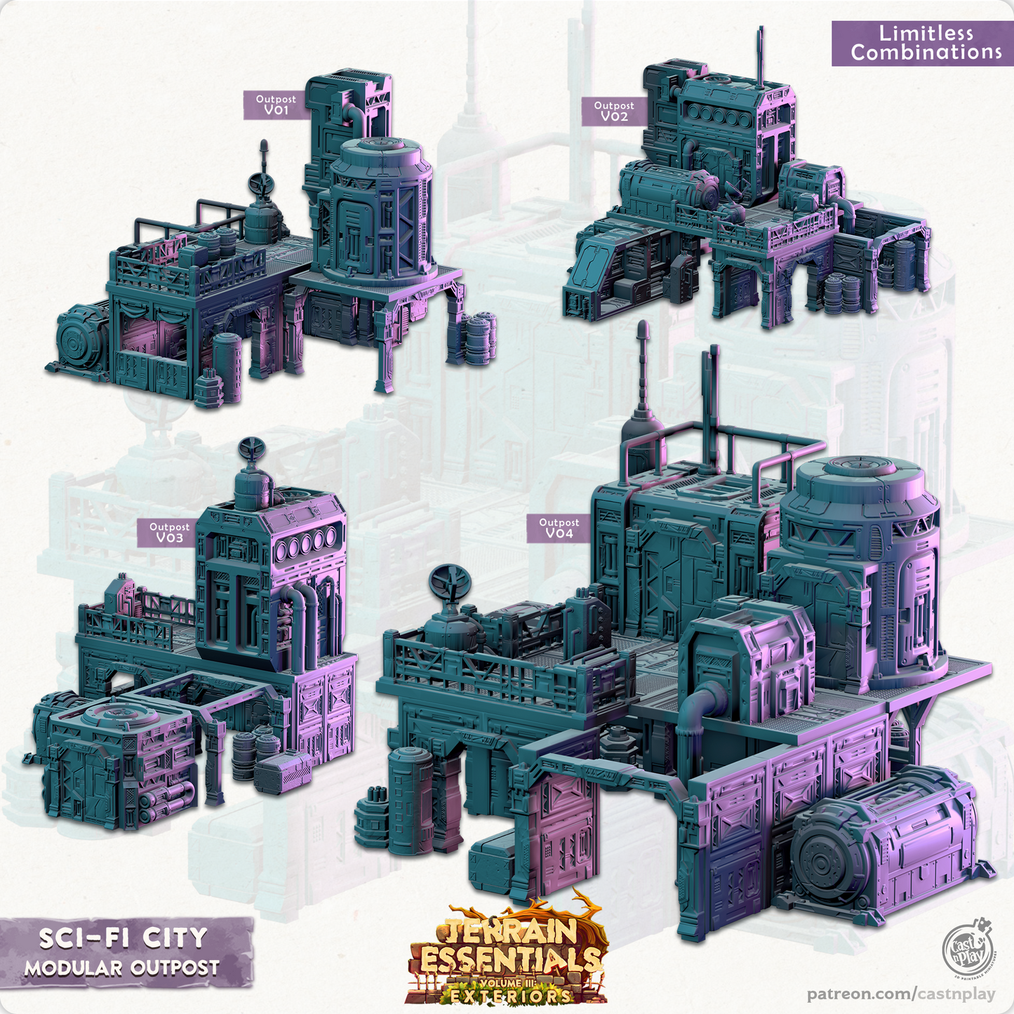 3D Printed Cast n Play Modular Outposts Sci-Fi City Set Terrain Essentials Vol III Exteriors 28mm 32mm D&D