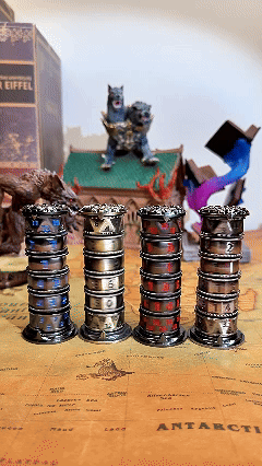Unique dice tower spinner: black cylinder multi-layer rotating metal dnd dice + red numbers