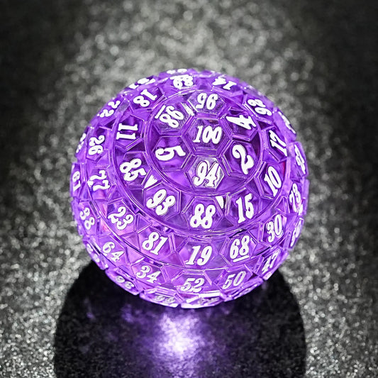Transparent purple acrylic DND D100 dice with white numbers