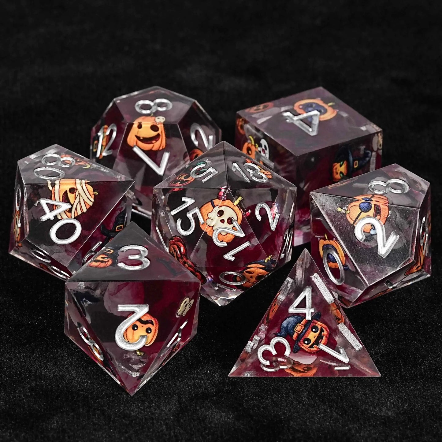 Halloween Gift: Pumpkin Monster Blood Resin DND Dice Set + Silver Numbers