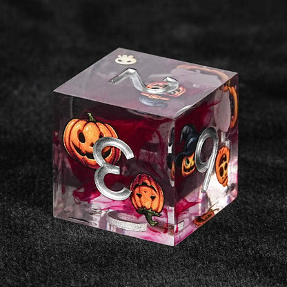 Halloween Gift: Pumpkin Monster Blood Resin DND Dice Set + Silver Numbers