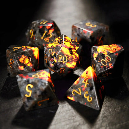 Unique Flame Stone Dice: The color of volcanic lava DND Gemstone Dice Set