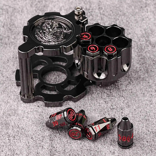 Unique dnd revolver dice set: 7 cool metal dnd bullet dice in the rotating revolver cylindrical magazine