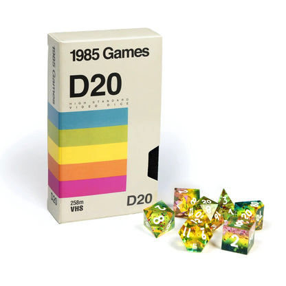 VHS Sharp Edge Dice – Rainbow Bright | Retro-Inspired D&D Dice by 1985 Games