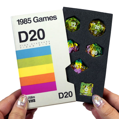 VHS Sharp Edge Dice – Rainbow Bright | Retro-Inspired D&D Dice by 1985 Games
