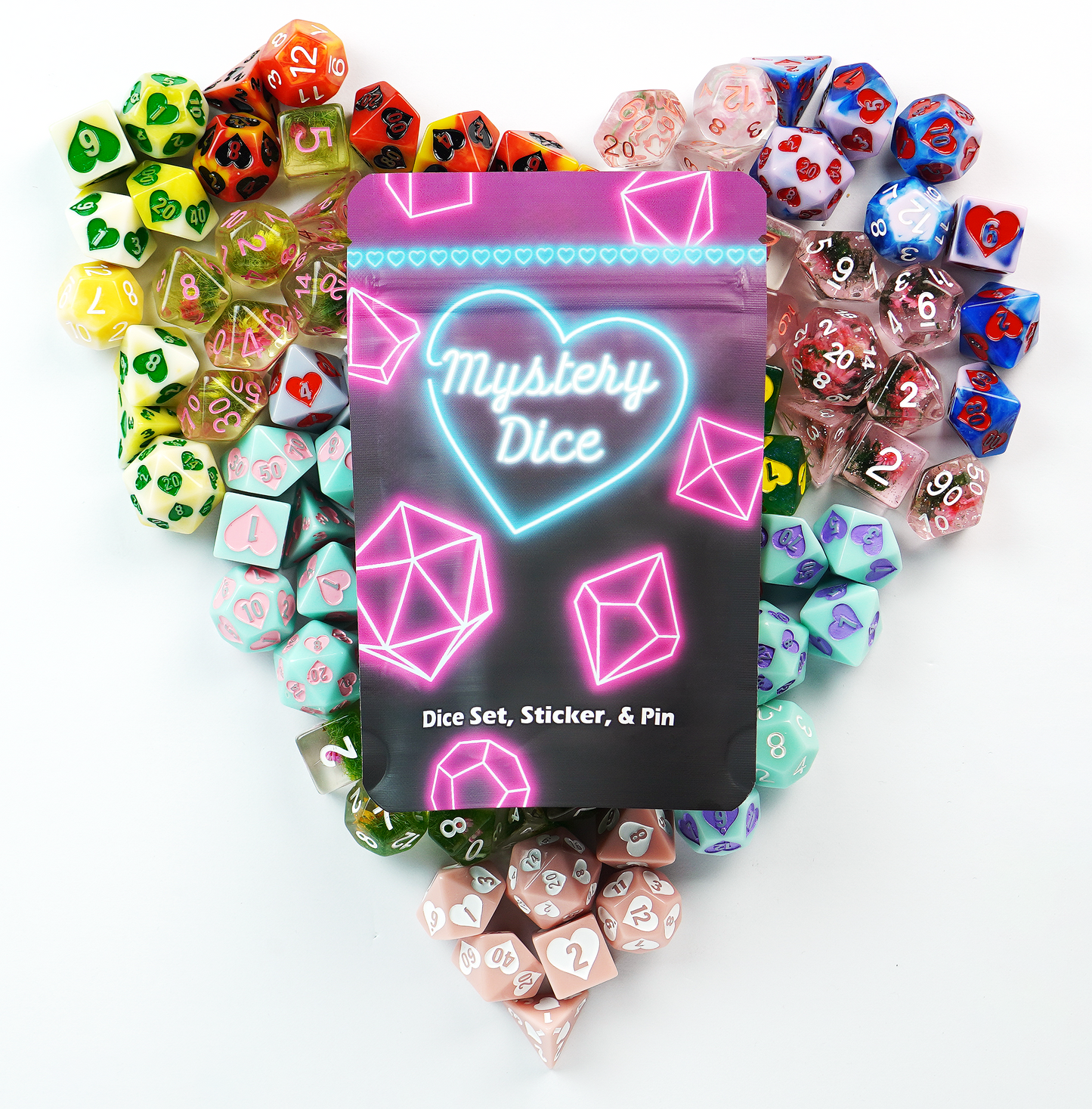 Sweetheart Mystery Dice 6 Pack | Hearts & Flowers RPG Dice with Pins & Stickers