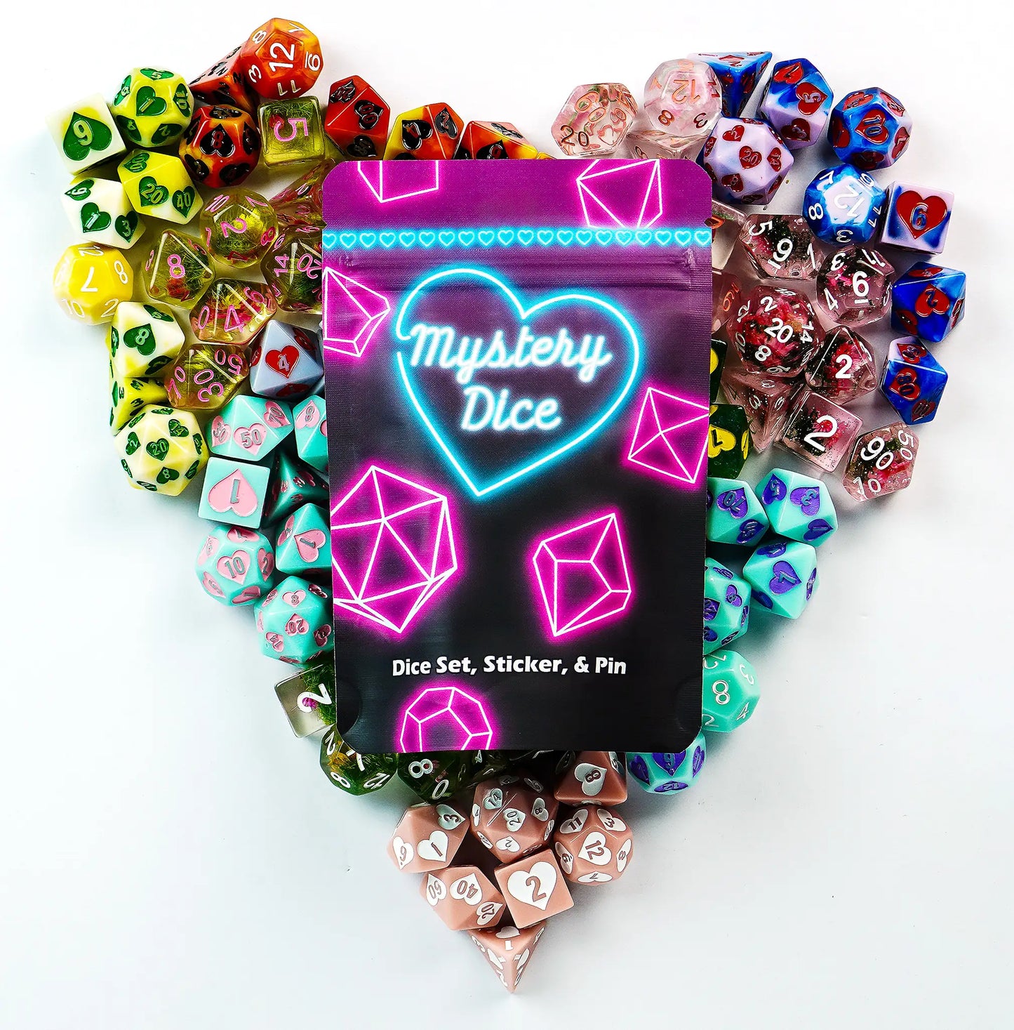 Sweetheart Mystery Dice | Hearts & Flowers Resin Dice with Pin & Sticker | 1985 Games