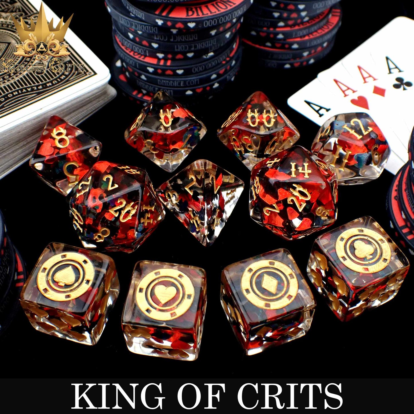 King of Crits 11 Dice Set – 12-Piece Poker Suits Resin Dice with Ceramic Chip