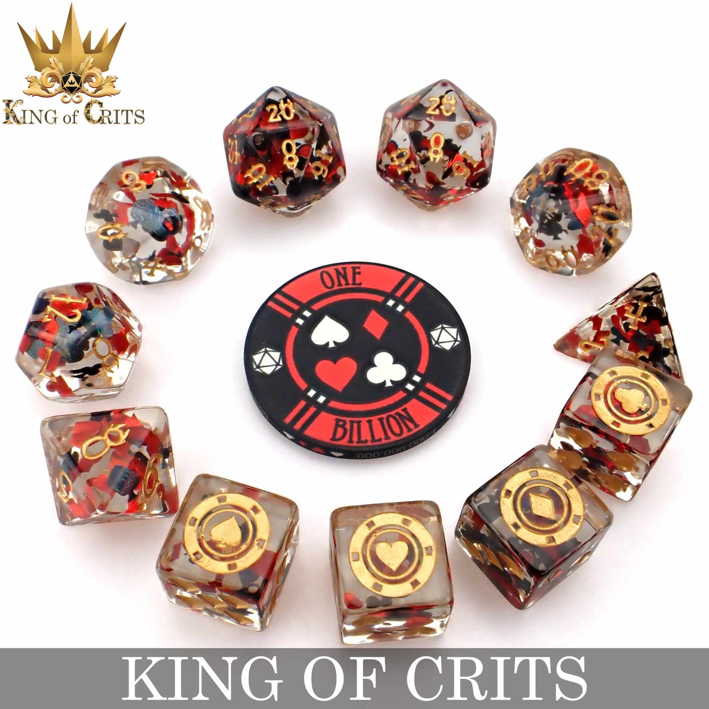King of Crits 11 Dice Set – 12-Piece Poker Suits Resin Dice with Ceramic Chip