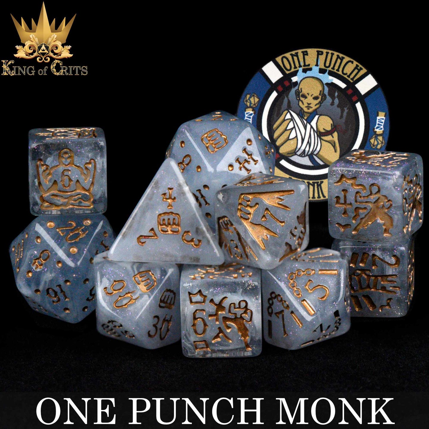 One Punch Monk 11 Dice Set – Monk-Themed Resin DND Dice with Poker Chip