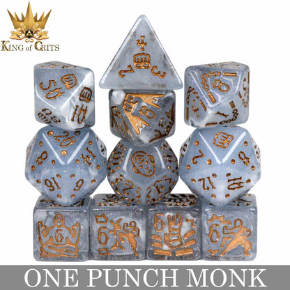 One Punch Monk 11 Dice Set – Monk-Themed Resin DND Dice with Poker Chip