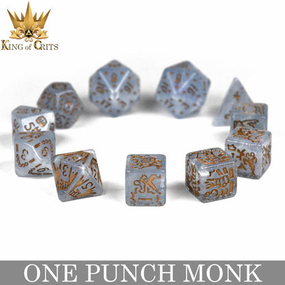 One Punch Monk 11 Dice Set – Monk-Themed Resin DND Dice with Poker Chip