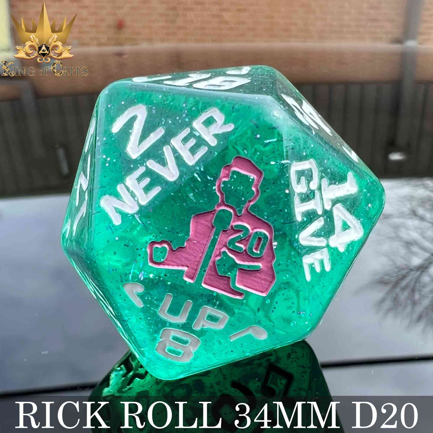 Rick Rolled 34mm D20 – Oversized Novelty DND Dice