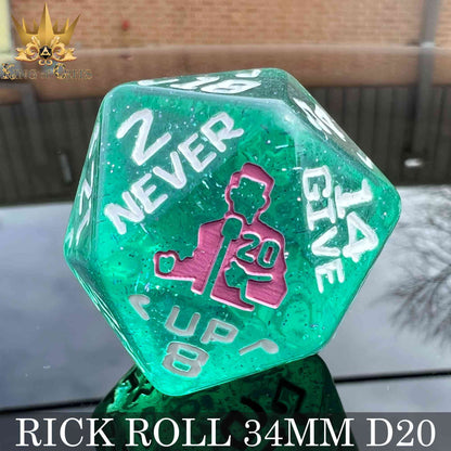 Rick Rolled 34mm D20 – Oversized Novelty DND Dice