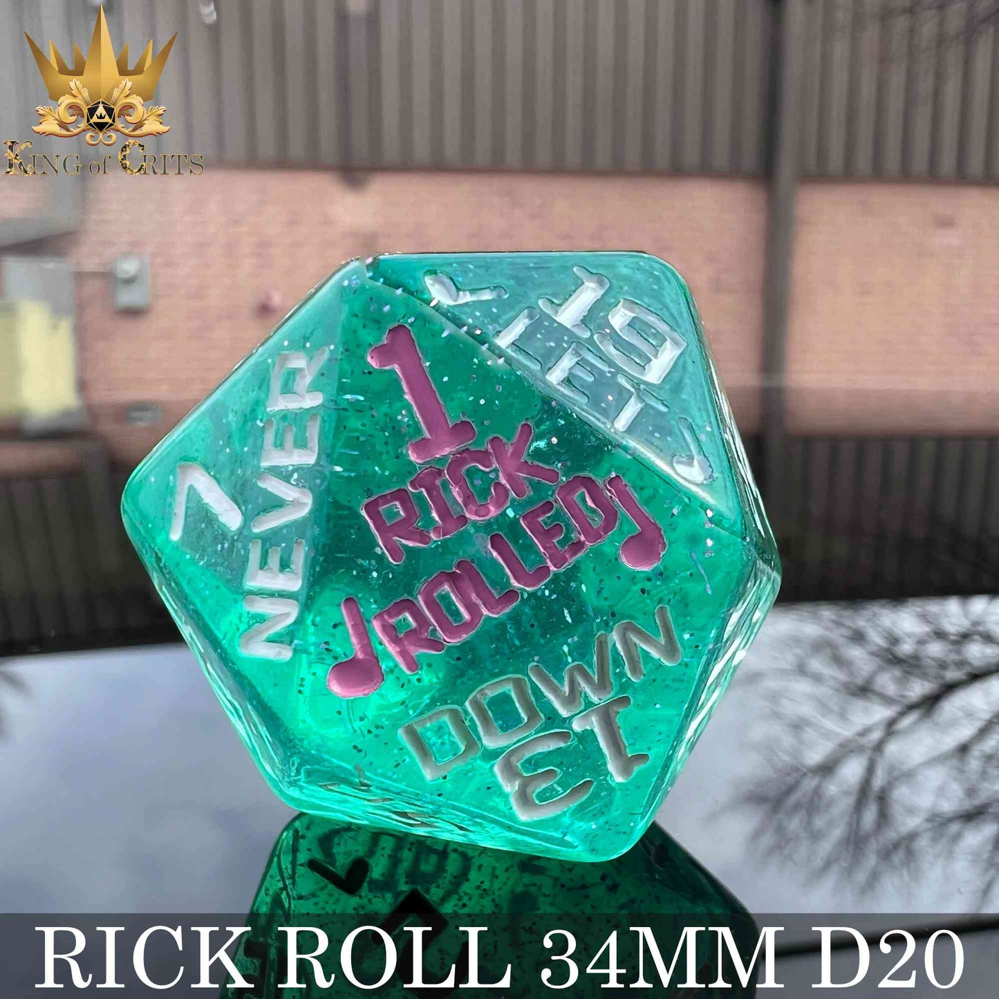 Rick Rolled 34mm D20 – Oversized Novelty DND Dice