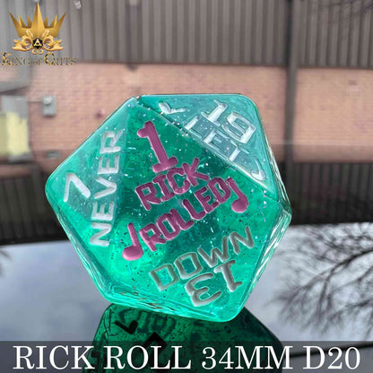 Rick Rolled 34mm D20 – Oversized Novelty DND Dice