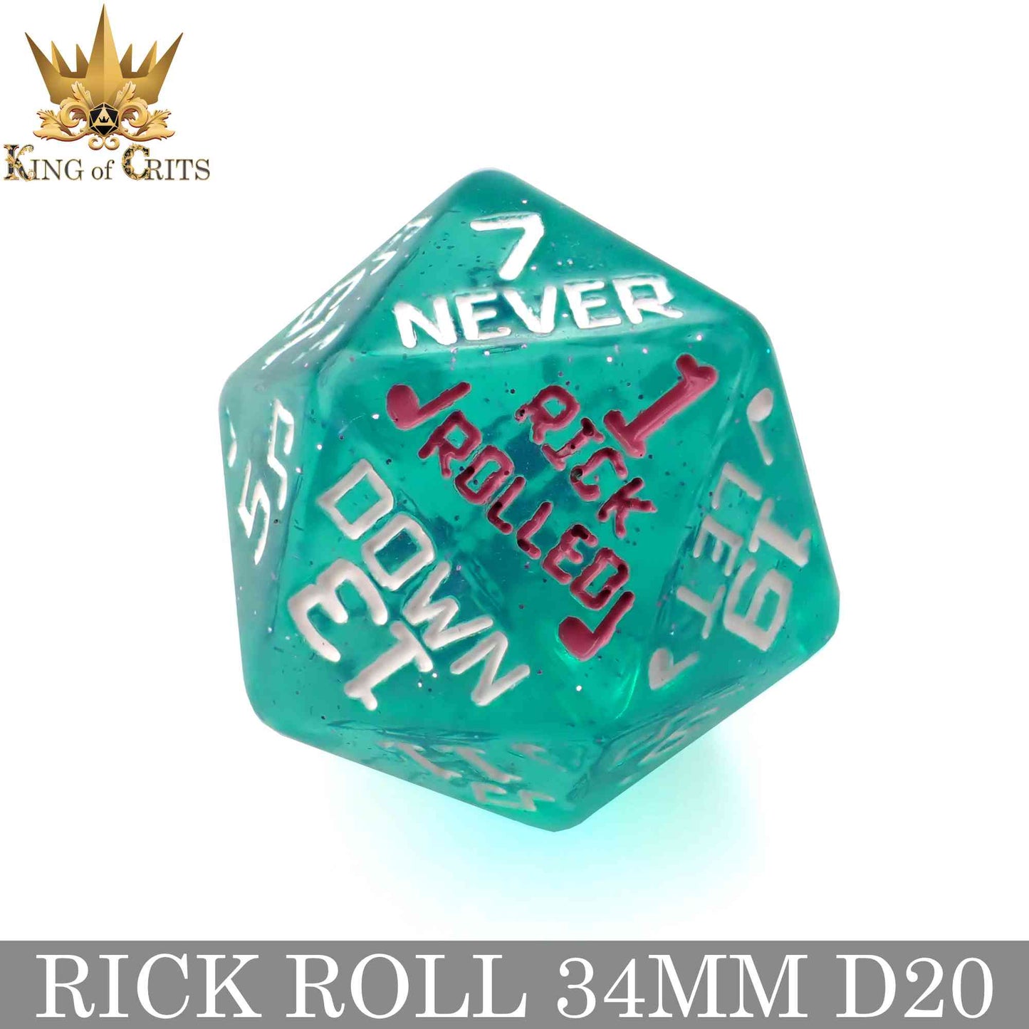 Rick Rolled 34mm D20 – Oversized Novelty DND Dice