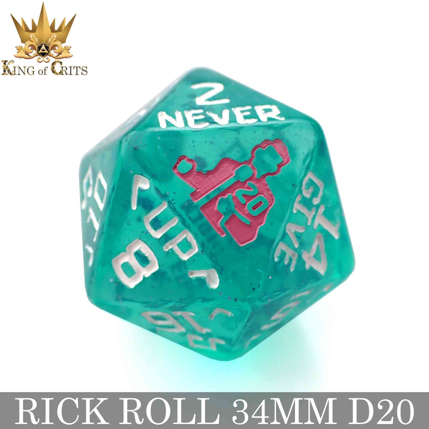 Rick Rolled 34mm D20 – Oversized Novelty DND Dice