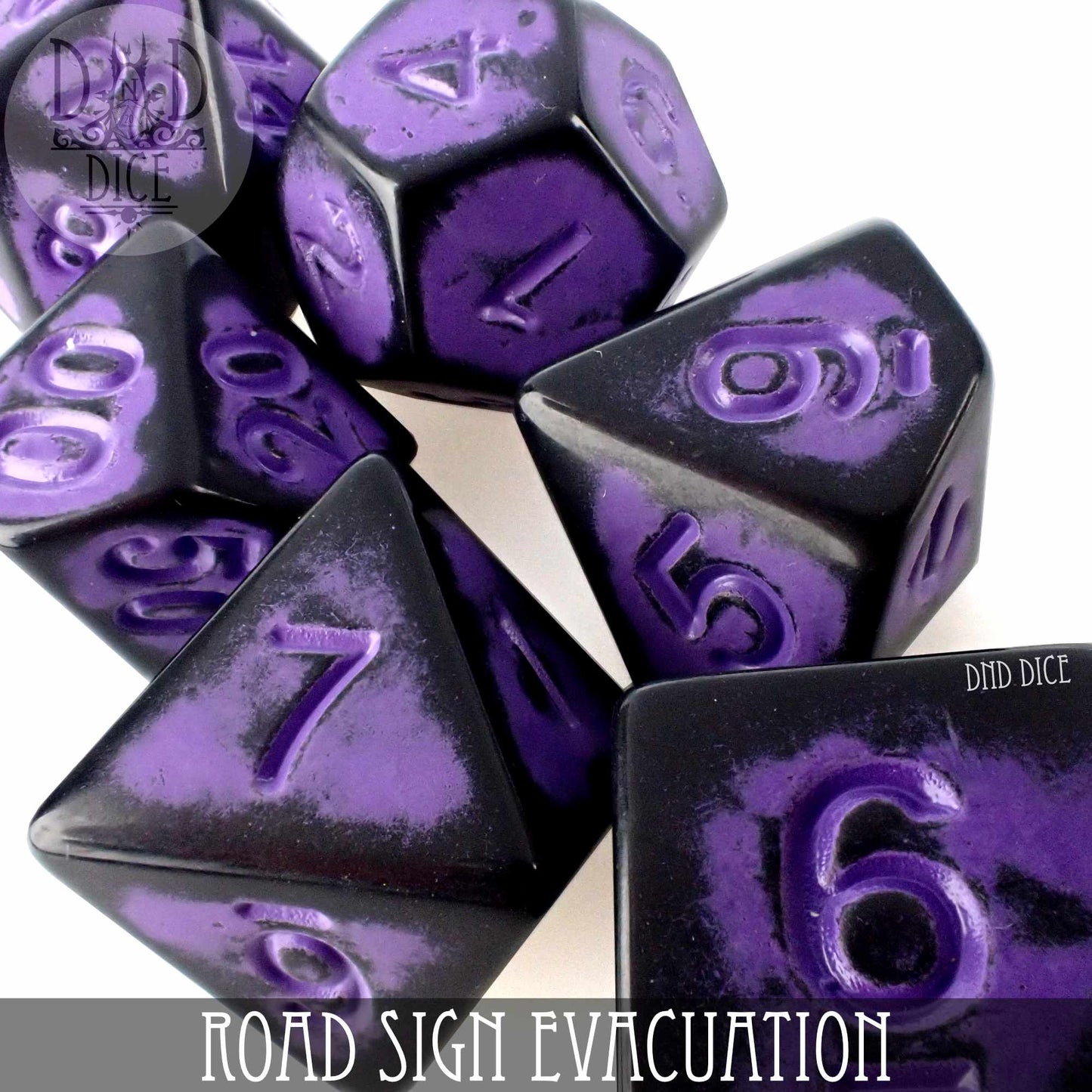 Road Sign Evacuation Dice Set – 7-Piece Acrylic RPG Dice