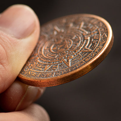 The Sun and Moon Worry Coin - Aztec Sun Stone Calendar and Moon in Copper