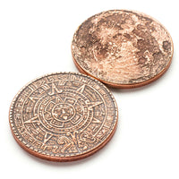 The Sun and Moon Worry Coin - Aztec Sun Stone Calendar and Moon in Copper