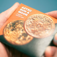 The Sun and Moon Worry Coin - Aztec Sun Stone Calendar and Moon in Copper