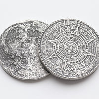 The Sun and Moon Worry Coin - Aztec Sun Stone Calendar and Moon in Fine Silver