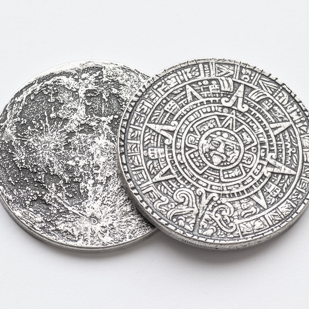 The Sun and Moon Worry Coin - Aztec Sun Stone Calendar and Moon in Fine Silver