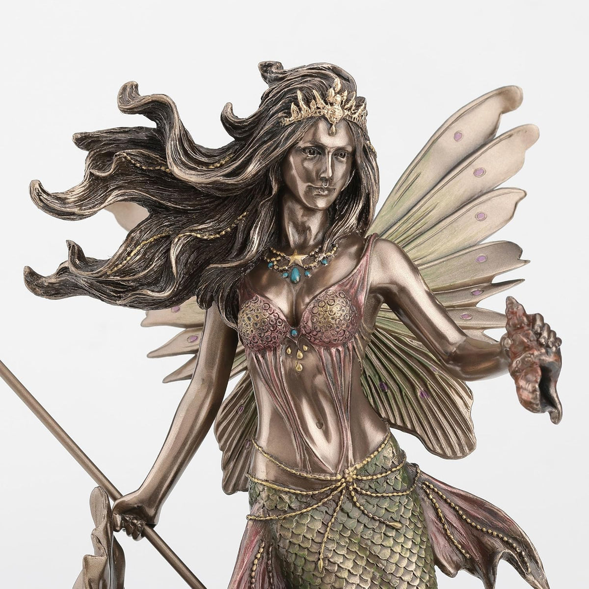 Queen Mermaid Fairy – Winged Trident & Seashell Polystone Fantasy Figurine