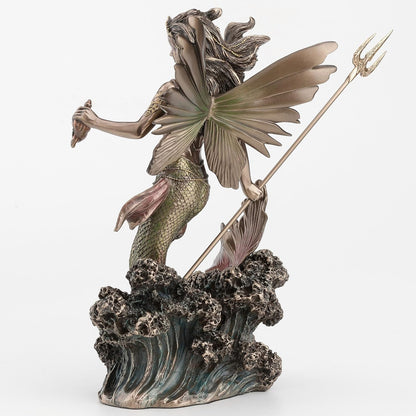 Queen Mermaid Fairy – Winged Trident & Seashell Polystone Fantasy Figurine