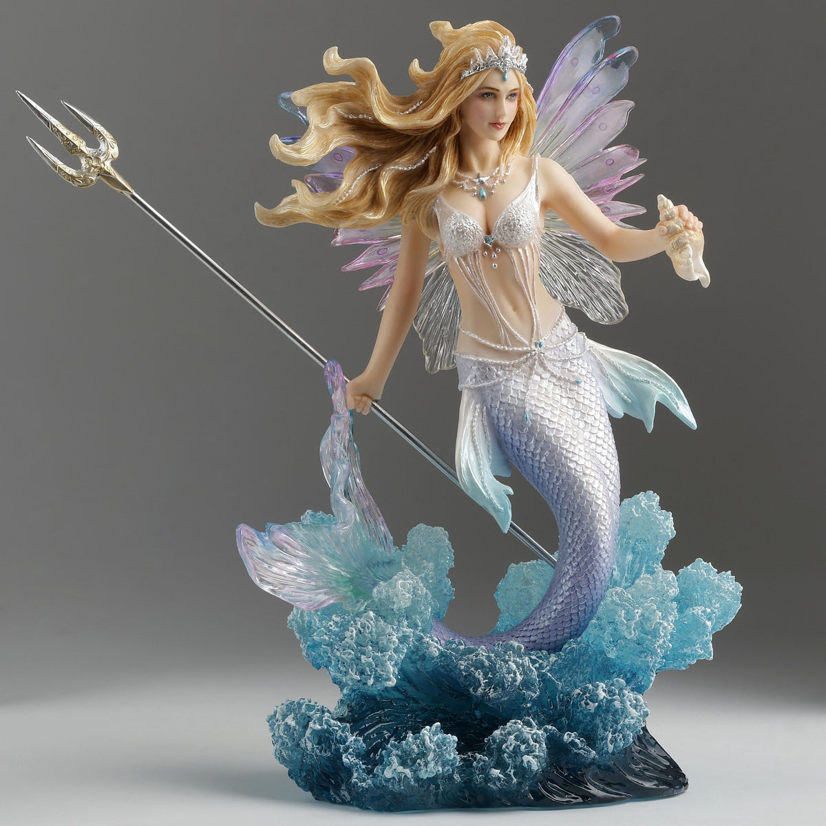Queen Mermaid Fairy – Winged Trident & Seashell Polystone Fantasy Figurine