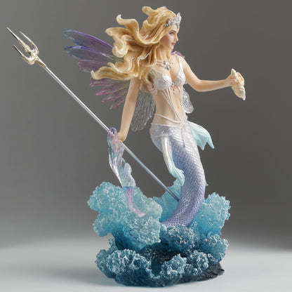 Queen Mermaid Fairy – Winged Trident & Seashell Polystone Fantasy Figurine