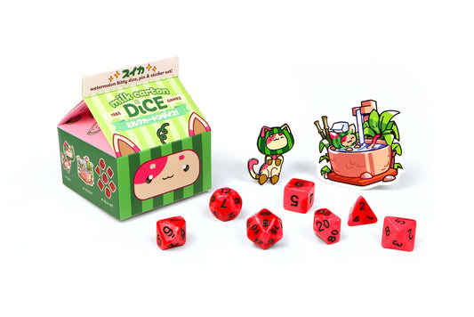 Watermelon Kawaii Cat Dice Set – Milk Carton | Fruit Meadows Collection by 1985 Games