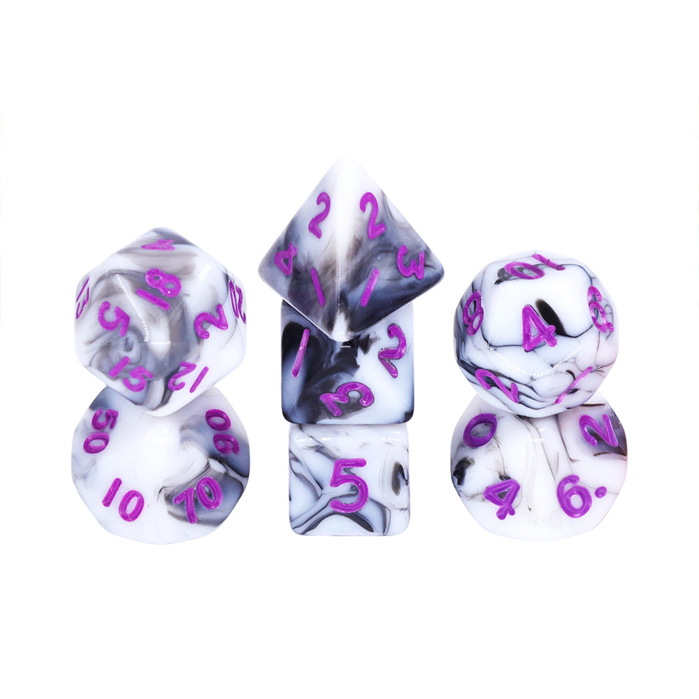 Black White Blend 7-Dice Mini-Dice RPG Set w/Purple Numbers Miniature Dice