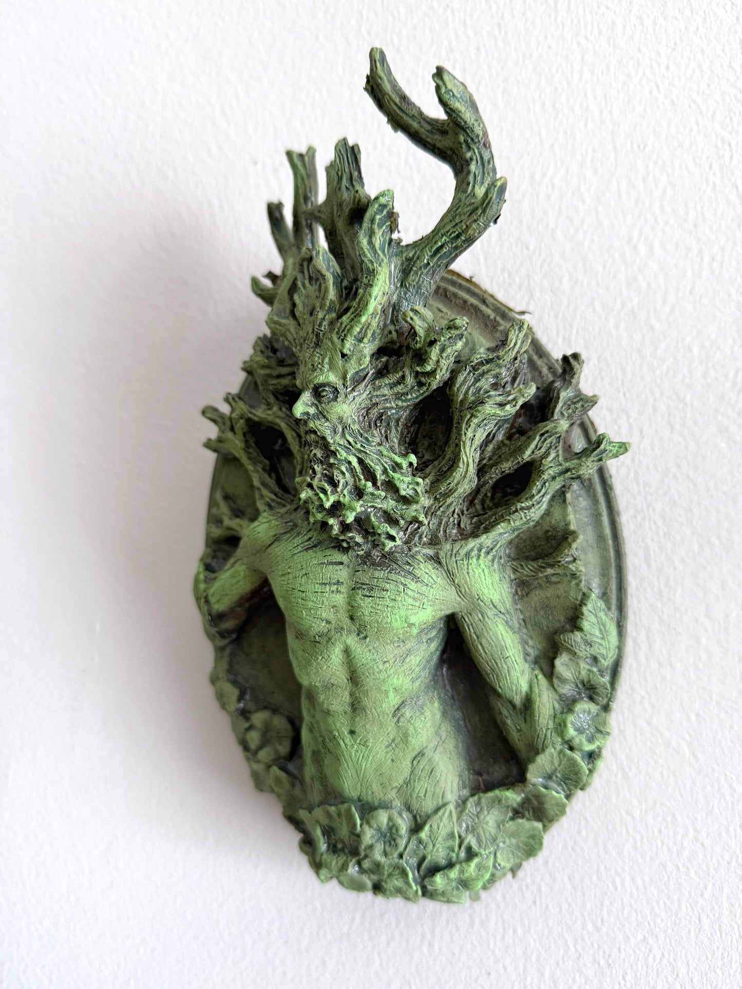 Green Man / Cernunnos Wall Plaque – Hand Painted Resin Relief Sculpture