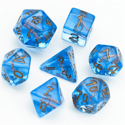 Wizard (Magic Wand) Clear Blue Dice w/ Golden Wand 7-Dice Set Rpg