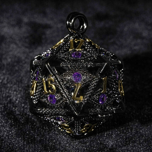 Amethyst Dragon Eye Metal D20 Dice Cage + 7 Mini Metal DND Dice Set