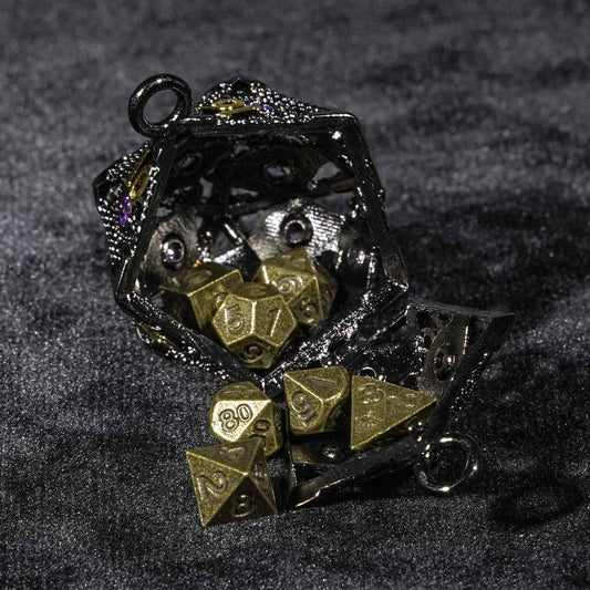 Amethyst Dragon Eye Metal D20 Dice Cage + 7 Mini Metal DND Dice Set