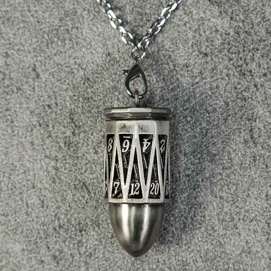Antique Nickel Bullet D20 Dice Cage Necklace + 7 Mini Metal DND Dice Set