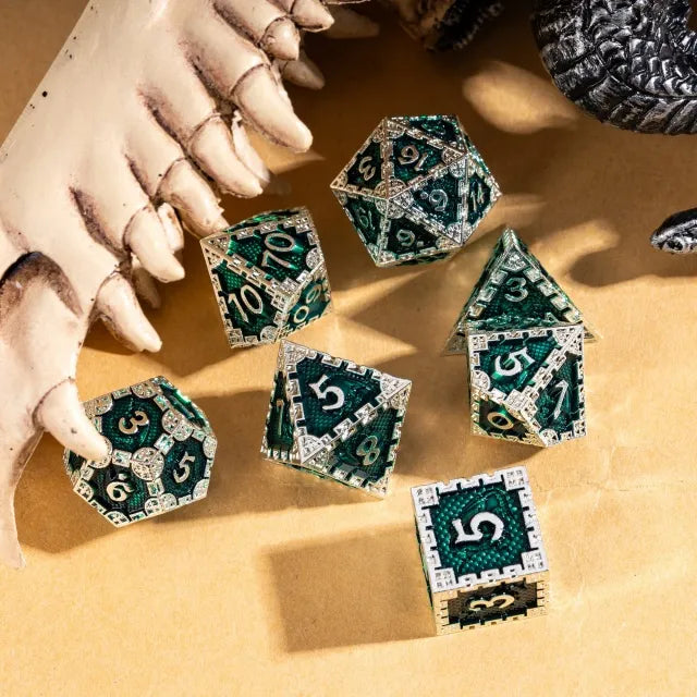 Silver Green Dragon Metal Dice Set | Premium D&D Metal Dice by Revenant Foundry