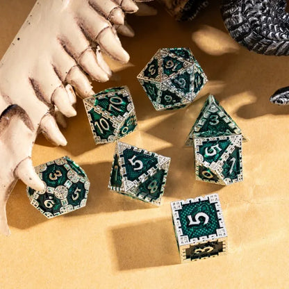 Silver Green Dragon Metal Dice Set | Premium D&D Metal Dice by Revenant Foundry