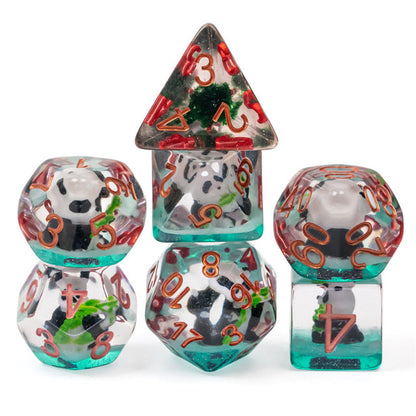 Bamboo Panda on Blue Glitter 7-Dice Set w/Copper Numbers Dnd Dice Set