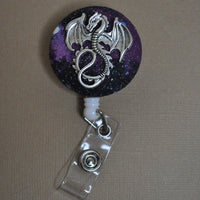 Badge reel, silver dragon on nebula fabric
