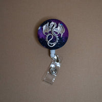 Badge reel, silver dragon on nebula fabric