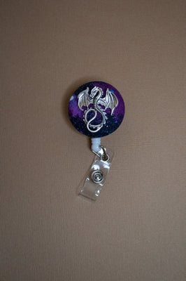 Badge reel, silver dragon on nebula fabric