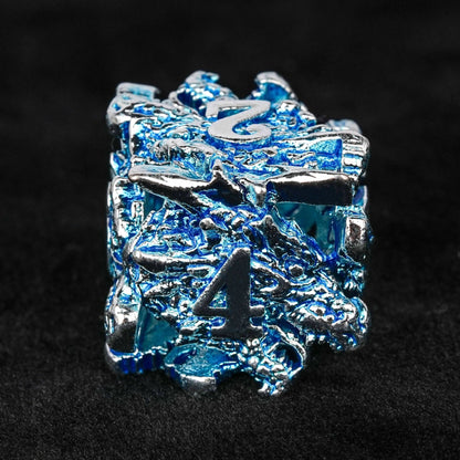 Balor Style - Silver Blue Dragon Head Metal Hollow dnd Dice Set