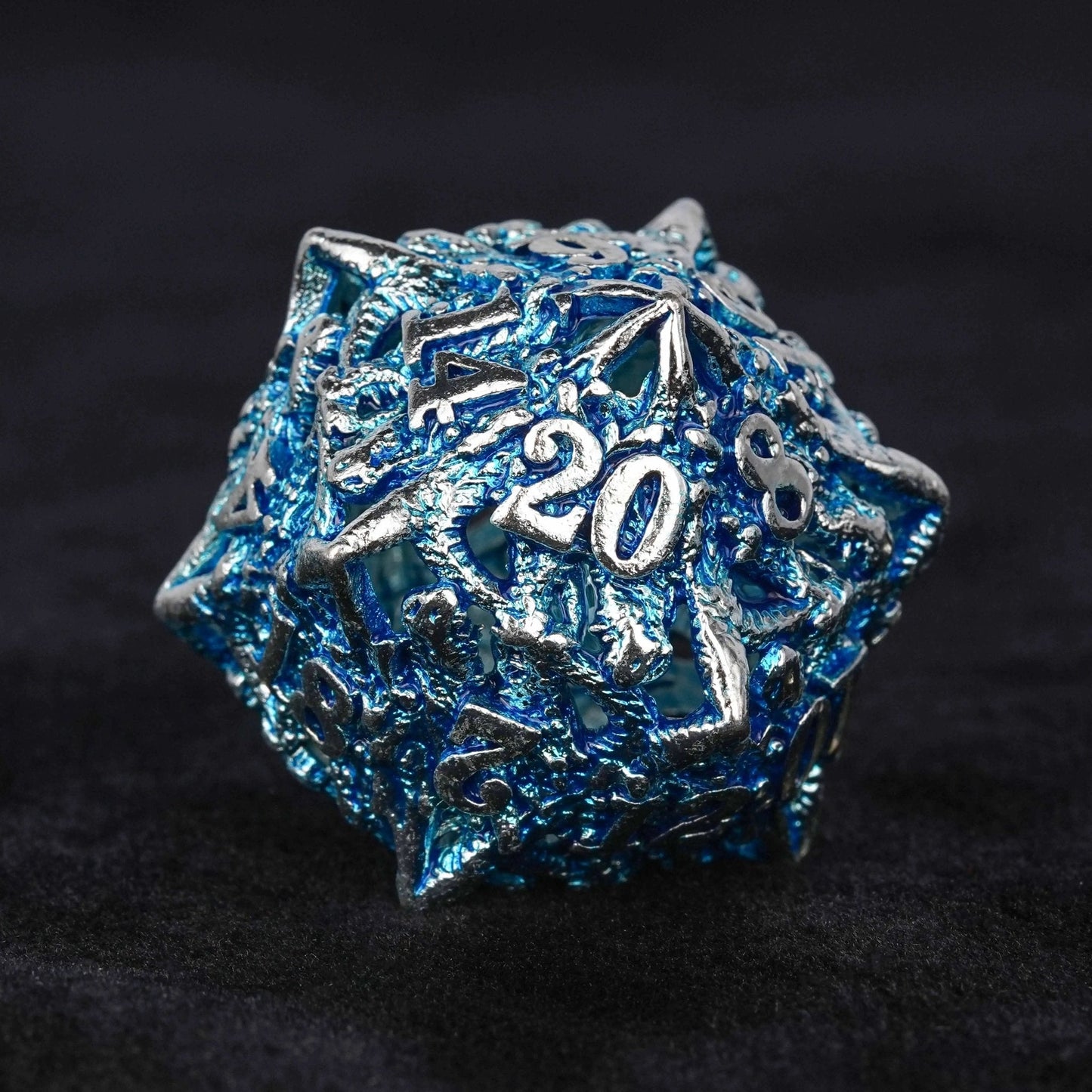 Balor Style - Silver Blue Dragon Head Metal Hollow dnd Dice Set